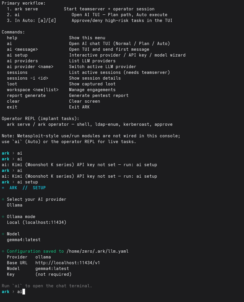 ARK C2 ai setup wizard saving the provider, model, and API key configuration