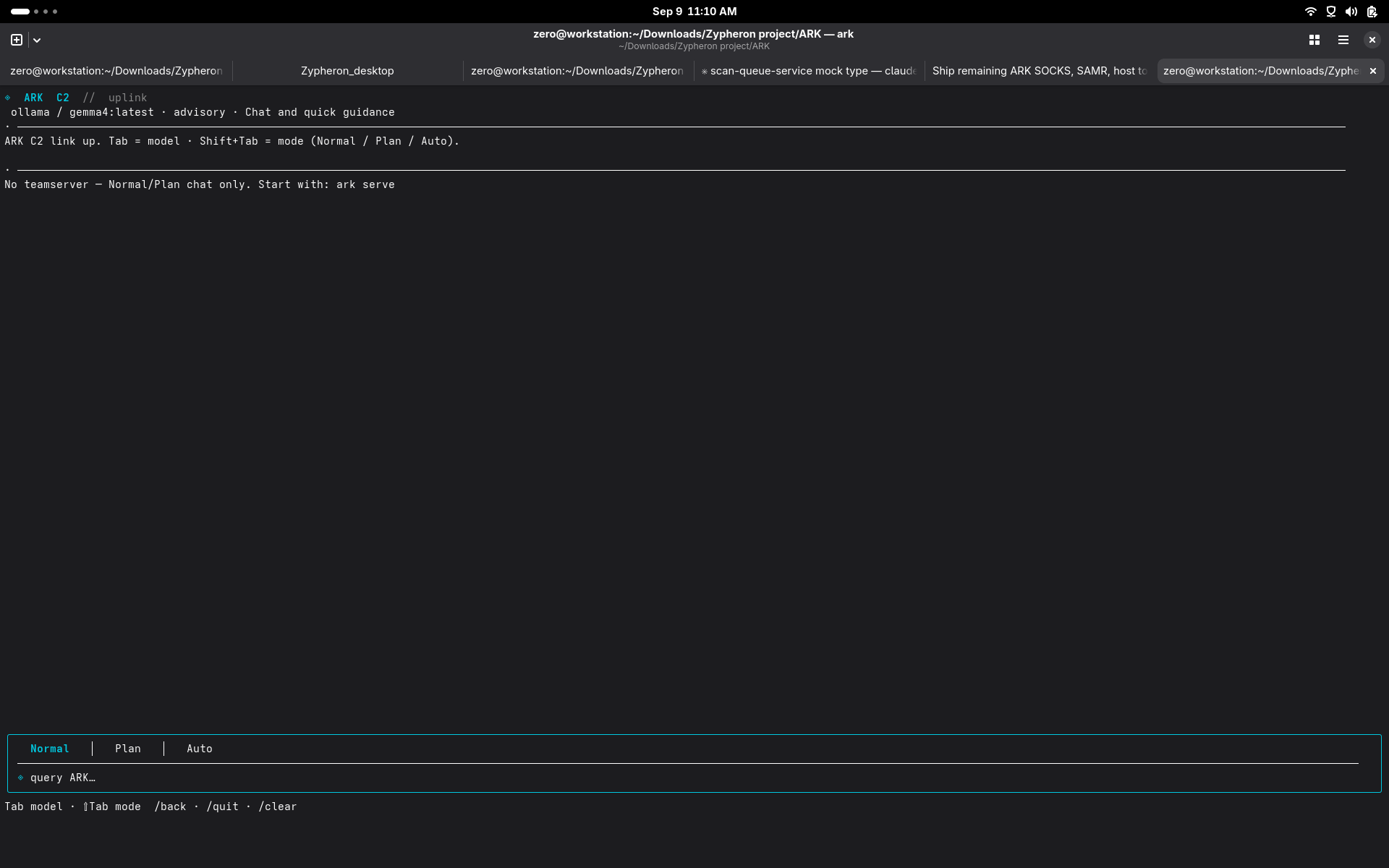 ARK C2 AI TUI uplink screen showing Normal, Plan, and Auto modes