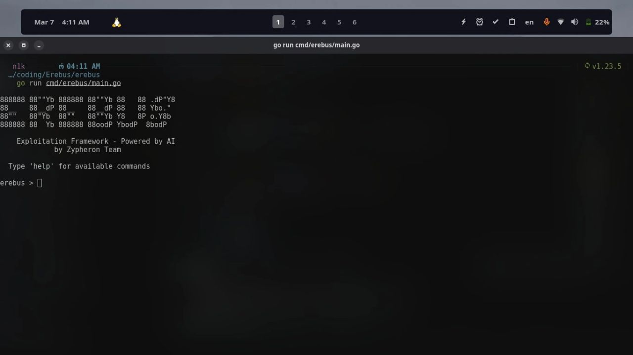 Erebus C2 terminal preview running in a Linux desktop environment