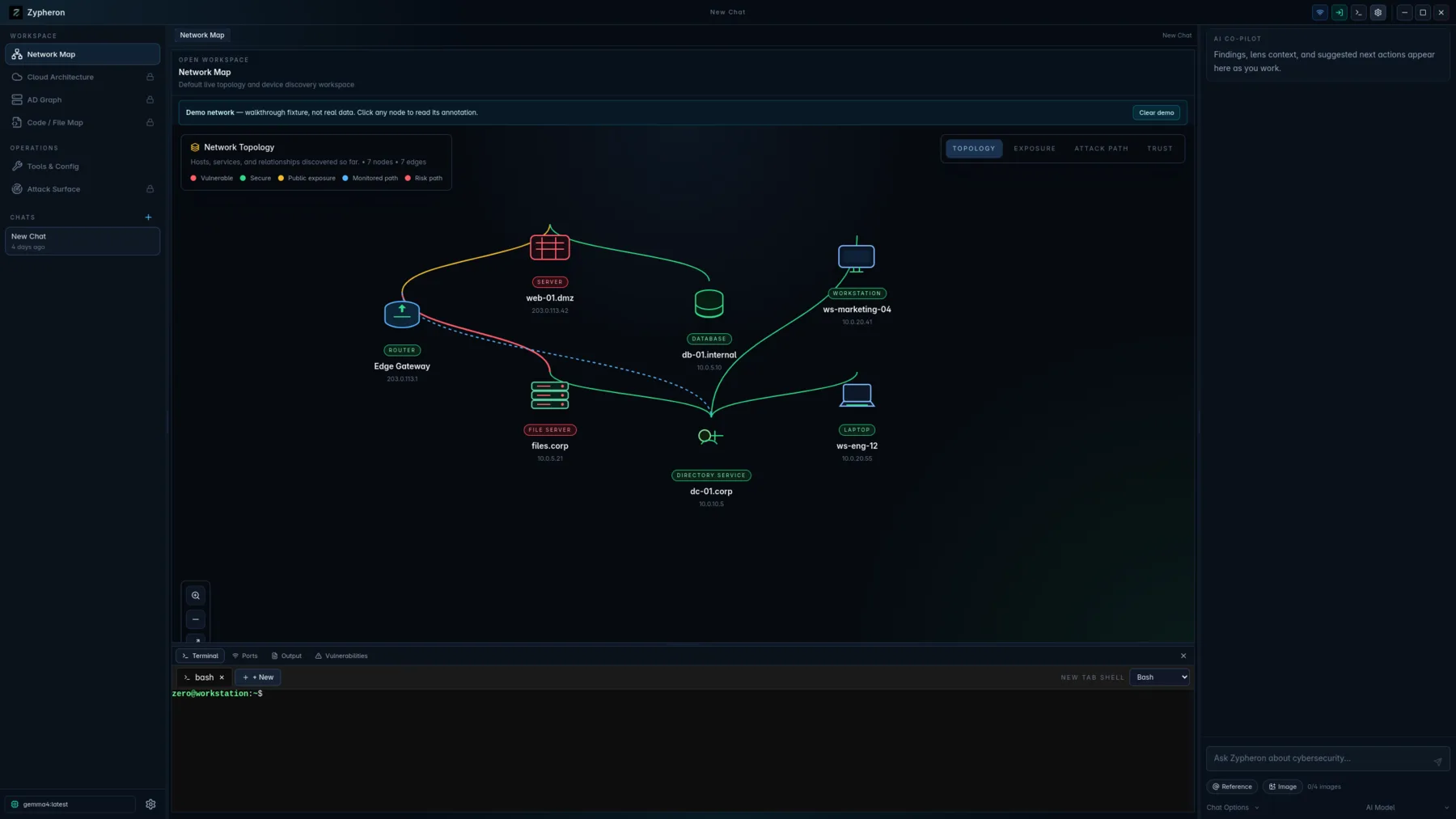 Zypheron Desktop IDE — multi-tab workspace with network map and AI co-pilot